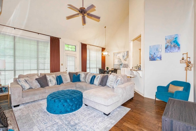 2820 Mossy Creek Dr, Little Rock, AR 72211 - living room with baseboards, ceiling fan, wood finished floors, and high vaulted ceiling