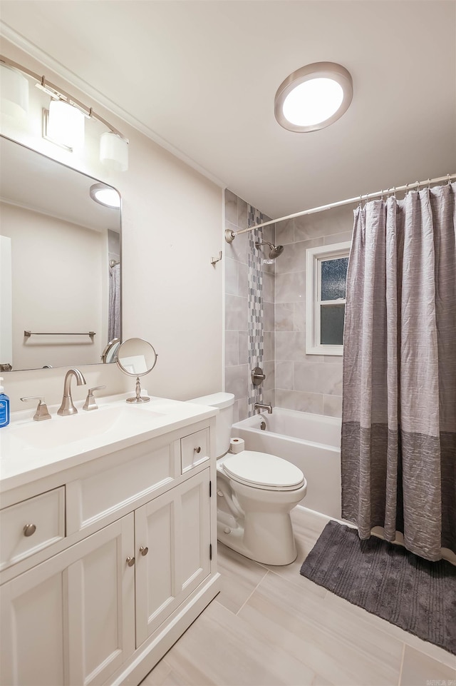 bathroom featuring vanity, shower / bathtub combination with curtain, and toilet