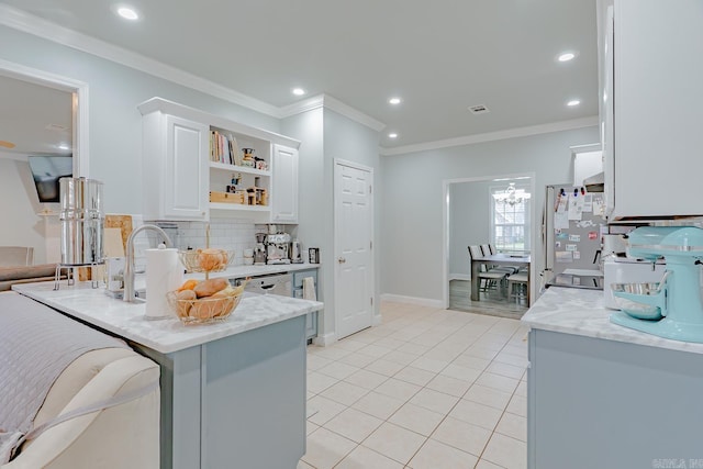 1010 Brownstone Dr, Jonesboro, AR 72404 - kitchen with freestanding refrigerator, open shelves, ornamental molding, backsplash, and light tile patterned floors