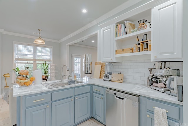1010 Brownstone Dr, Jonesboro, AR 72404 - kitchen featuring backsplash, stainless steel dishwasher, open shelves, a sink, and ornamental molding