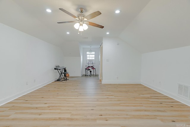 1010 Brownstone Dr, Jonesboro, AR 72404 - bonus room featuring visible vents, light wood-style flooring, ceiling fan, and vaulted ceiling