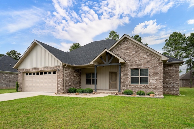 craftsman house with board and batten siding, driveway, brick siding, a front lawn, and an attached garage
