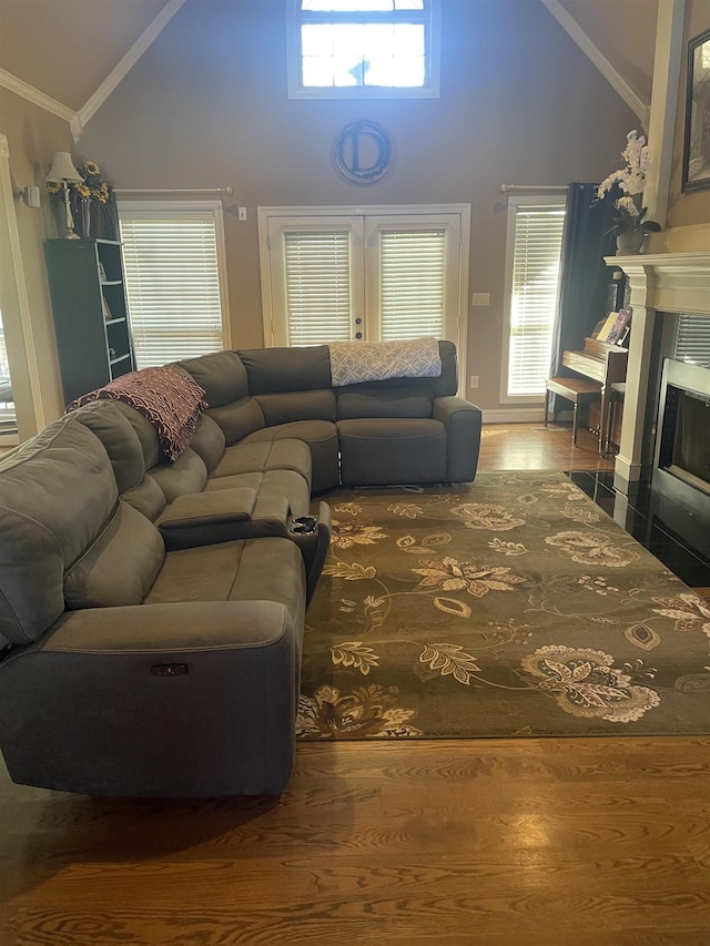 living area with crown molding, a fireplace with flush hearth, wood finished floors, and high vaulted ceiling