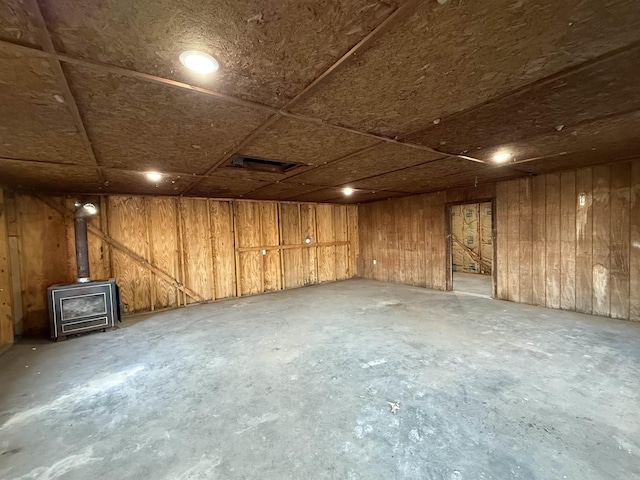 below grade area with a wood stove