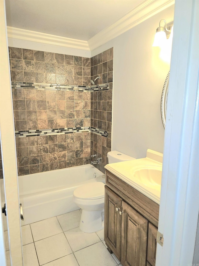 bathroom with vanity, ornamental molding, tub / shower combination, toilet, and tile patterned floors