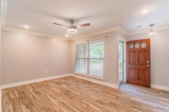 entryway with crown molding, baseboards, wood finish floors, recessed lighting, and a ceiling fan