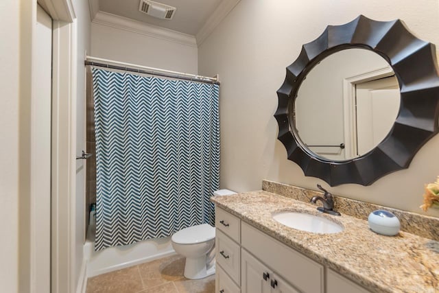 10 Lakewood Park Dr, North Little Rock, AR 72116 - bathroom featuring vanity, toilet, shower / tub combo, visible vents, and ornamental molding
