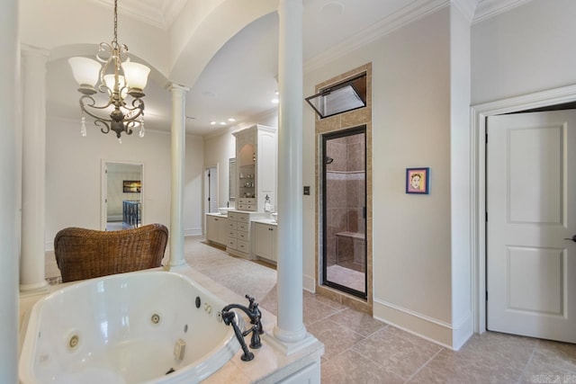 10 Lakewood Park Dr, North Little Rock, AR 72116 - full bathroom featuring crown molding, a jetted tub, decorative columns, and a shower stall