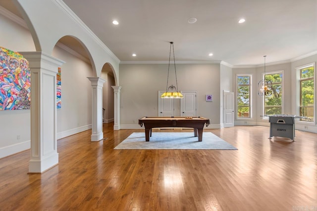 10 Lakewood Park Dr, North Little Rock, AR 72116 - game room with billiards, decorative columns, baseboards, light wood-style floors, and recessed lighting