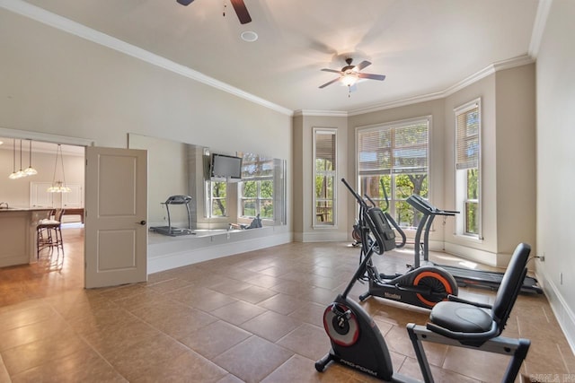 10 Lakewood Park Dr, North Little Rock, AR 72116 - exercise room with baseboards, a ceiling fan, tile patterned flooring, and ornamental molding