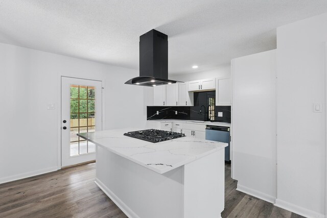 300 Dryad Ln, Little Rock, AR 72205 - kitchen featuring island range hood, white cabinetry, dark wood finished floors, dishwasher, and black gas cooktop