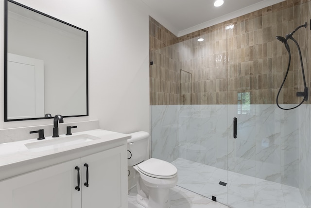 2940 Orchard View Dr, Conway, AR 72034 - full bathroom with vanity, toilet, a marble finish shower, ornamental molding, and recessed lighting