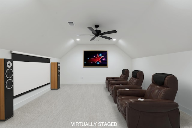 2940 Orchard View Dr, Conway, AR 72034 - home theater room with baseboards, ceiling fan, recessed lighting, carpet, and vaulted ceiling