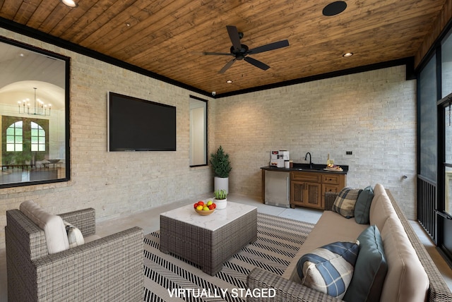 2940 Orchard View Dr, Conway, AR 72034 - living room with recessed lighting, ornamental molding, wood ceiling, and ceiling fan with notable chandelier