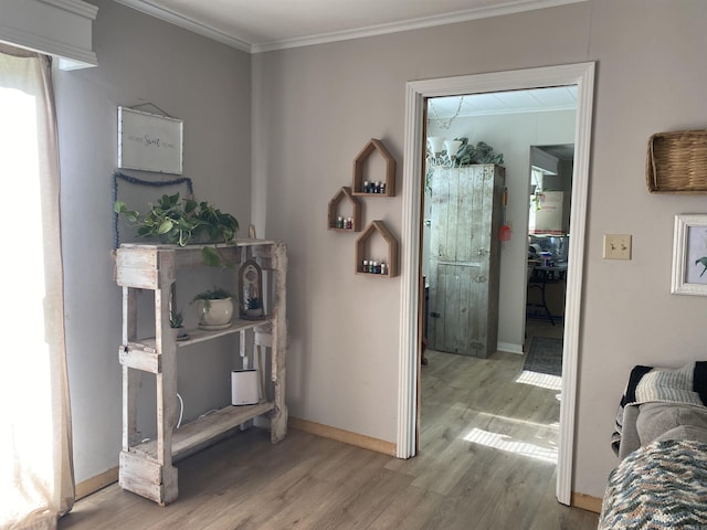 bedroom featuring wood finished floors, crown molding, and baseboards