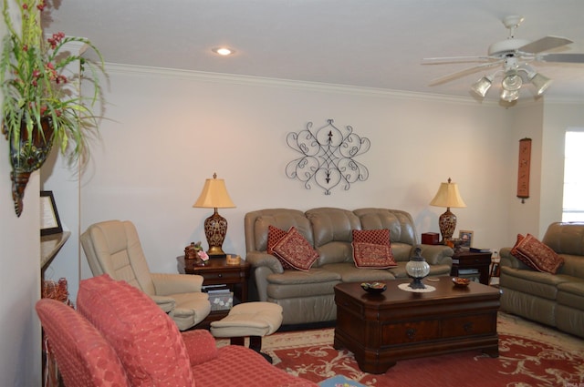living room with ornamental molding, a ceiling fan, and recessed lighting