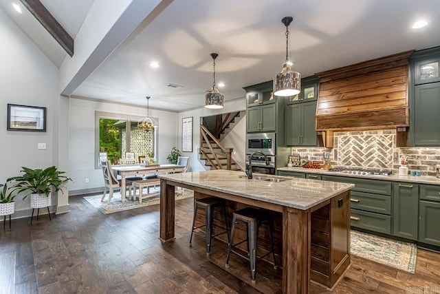 4201 Lovell Ln, Benton, AR 72019 - kitchen with decorative backsplash, light stone counters, a sink, appliances with stainless steel finishes, and green cabinets