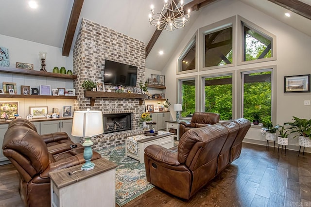 4201 Lovell Ln, Benton, AR 72019 - living room featuring high vaulted ceiling, dark wood-style floors, beam ceiling, and a chandelier