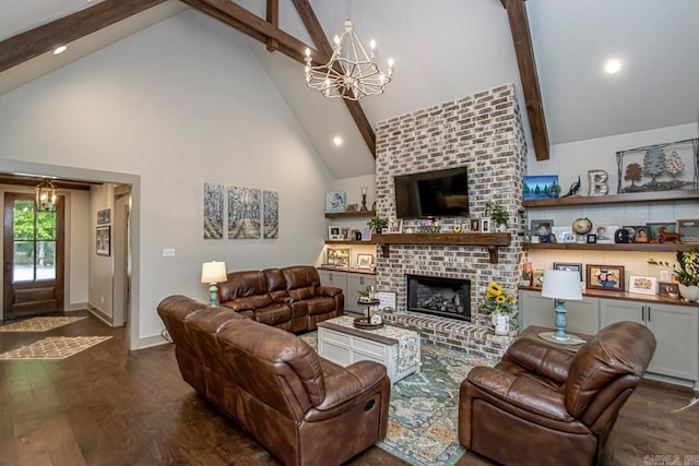4201 Lovell Ln, Benton, AR 72019 - living area featuring an inviting chandelier, a brick fireplace, wood finished floors, beamed ceiling, and high vaulted ceiling