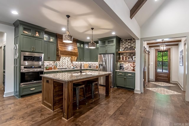 4201 Lovell Ln, Benton, AR 72019 - kitchen with stainless steel appliances, green cabinetry, a warming drawer, and tasteful backsplash