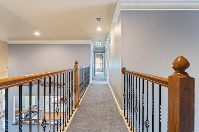 hallway with visible vents, carpet flooring, crown molding, and attic access