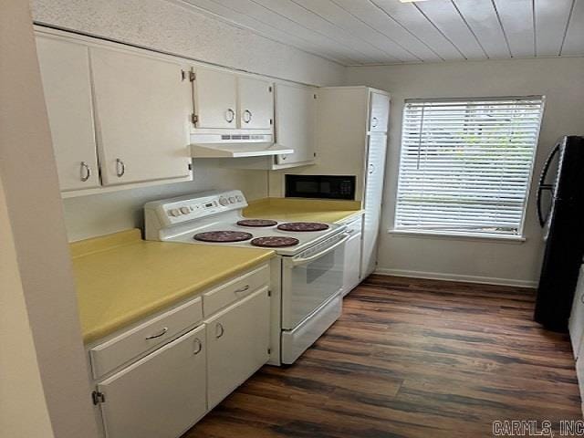 kitchen with white cabinets, white electric range oven, black microwave, under cabinet range hood, and wood ceiling