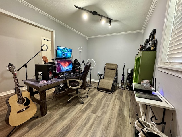7 Franklin Cir, Searcy, AR 72143 - office area with light wood-style floors, ornamental molding, a textured ceiling, and rail lighting