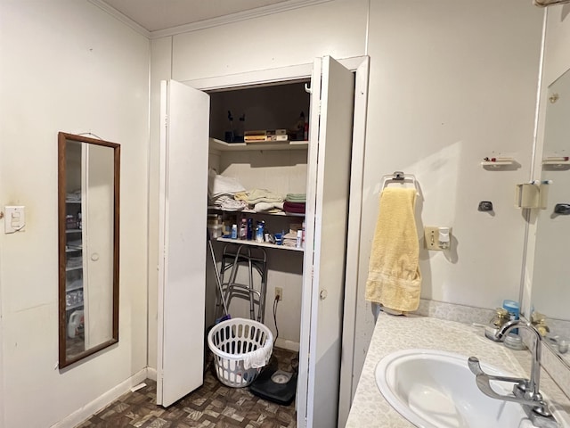 bathroom with a walk in closet, ornamental molding, and a sink
