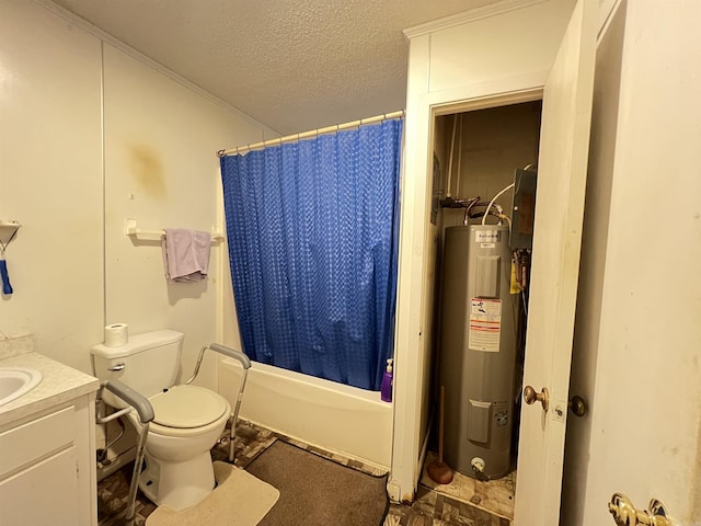 bathroom featuring vanity, toilet, shower / bathtub combination with curtain, a textured ceiling, and water heater