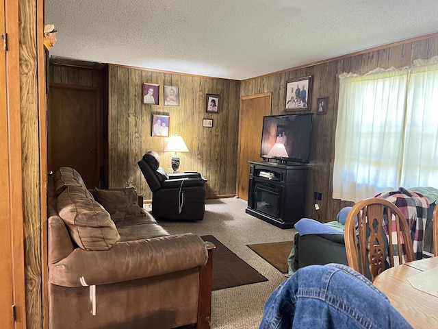 living room with a textured ceiling, wood walls, and carpet