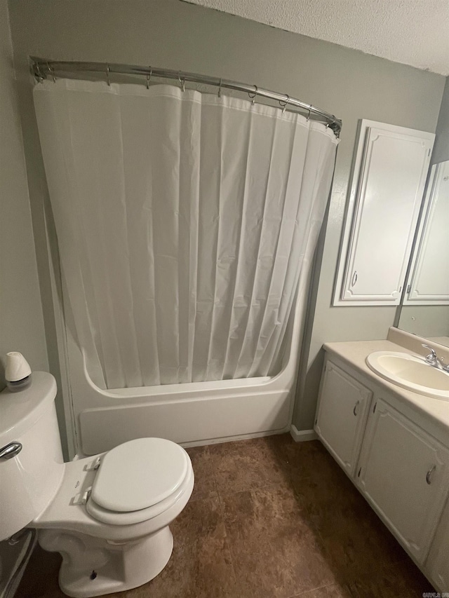 bathroom with vanity, toilet, a textured ceiling, and shower / tub combo with curtain