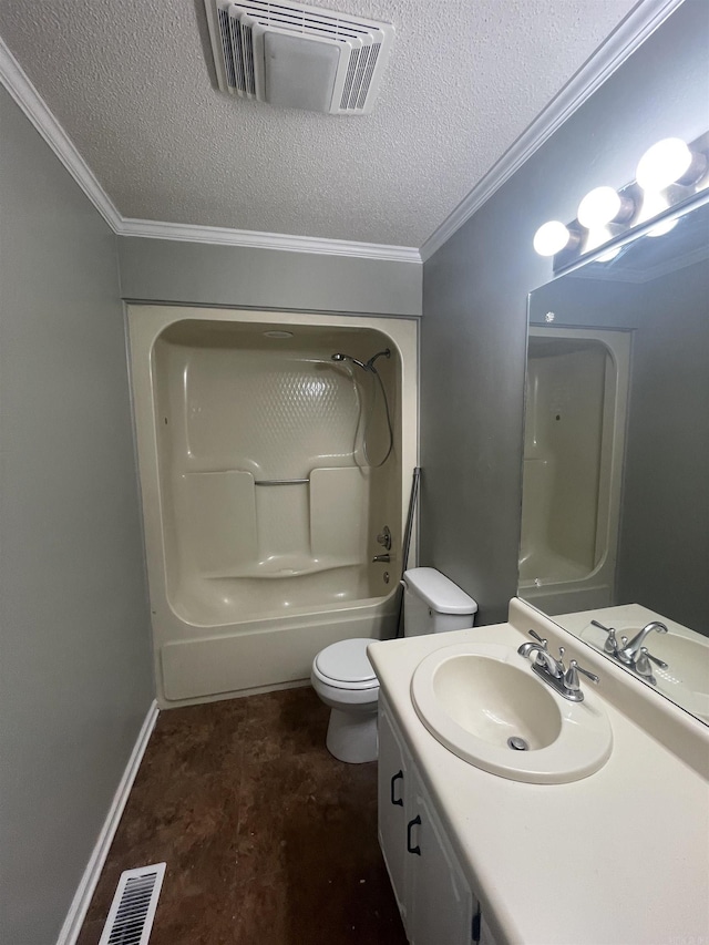 full bath featuring vanity, toilet, a textured ceiling, shower / washtub combination, and visible vents