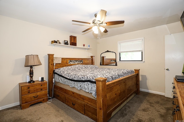 carpeted bedroom with baseboards and a ceiling fan