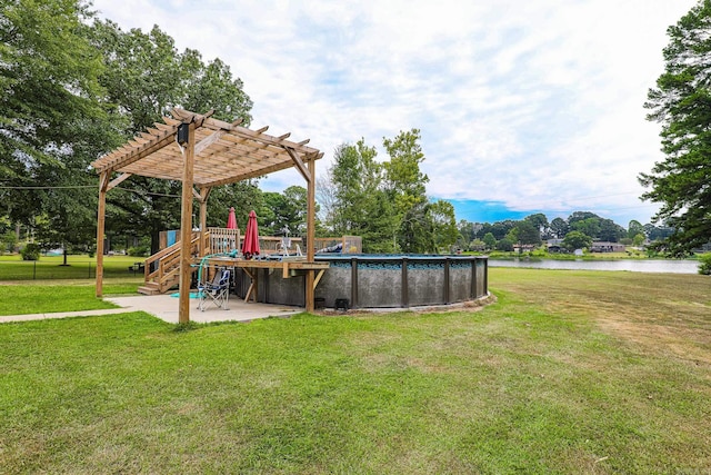 exterior space featuring a pergola, a water view, and an outdoor pool