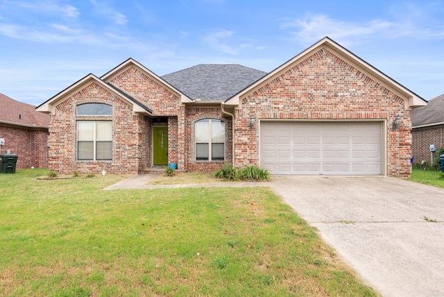 ranch-style home with driveway, a front yard, a garage, brick siding, and a shingled roof