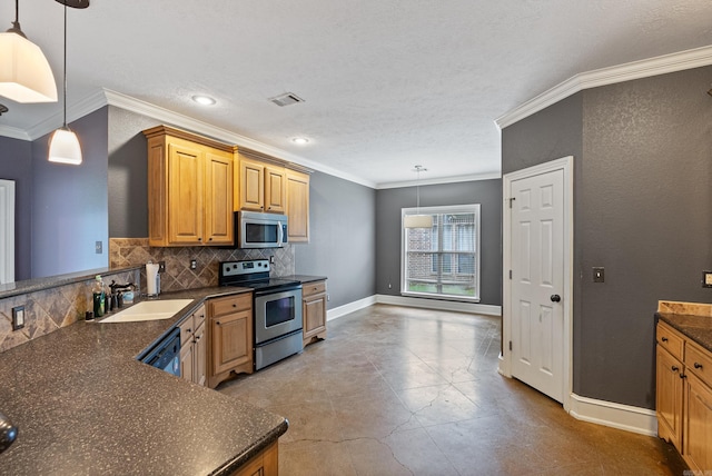kitchen featuring baseboards, ornamental molding, appliances with stainless steel finishes, and tasteful backsplash