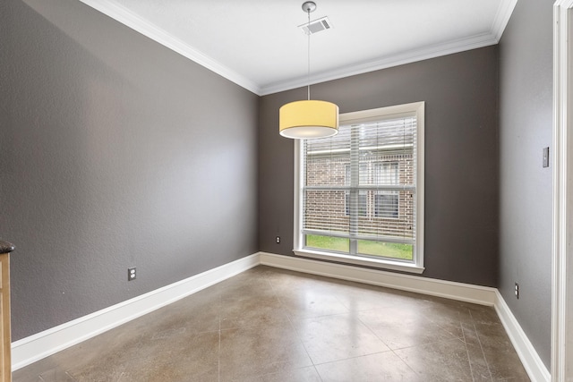 unfurnished dining area featuring crown molding, baseboards, and visible vents