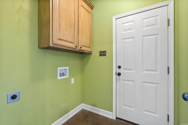 laundry area with baseboards, hookup for a washing machine, cabinet space, and electric dryer hookup