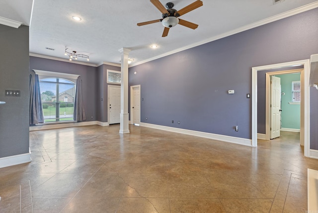 unfurnished living room with a ceiling fan, baseboards, ornate columns, ornamental molding, and recessed lighting