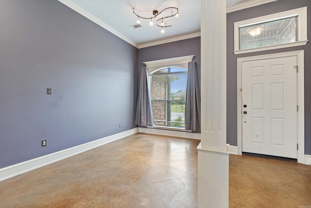 entrance foyer featuring visible vents, crown molding, baseboards, tile patterned floors, and a chandelier