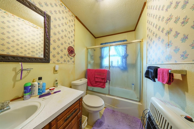 3009 N Main St, Mount Pleasant, AR 72651 - bathroom featuring vanity, a textured ceiling, radiator heating unit, and wallpapered walls
