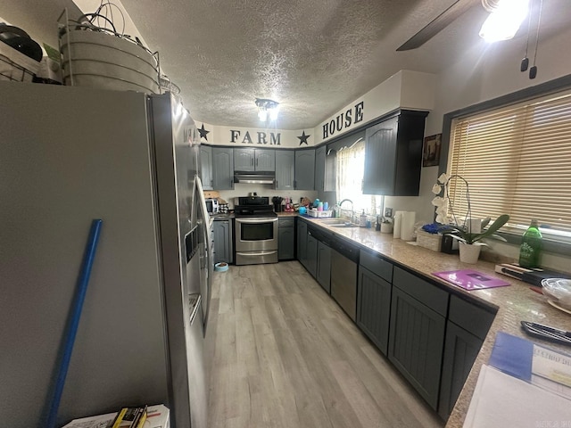 kitchen with a textured ceiling, under cabinet range hood, a sink, light wood finished floors, and appliances with stainless steel finishes