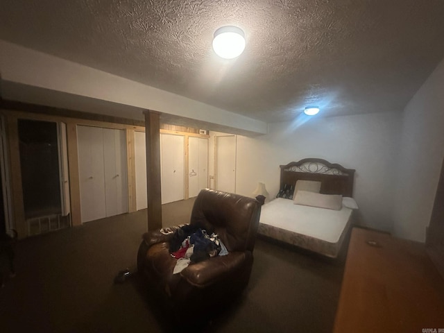 carpeted bedroom with two closets and a textured ceiling