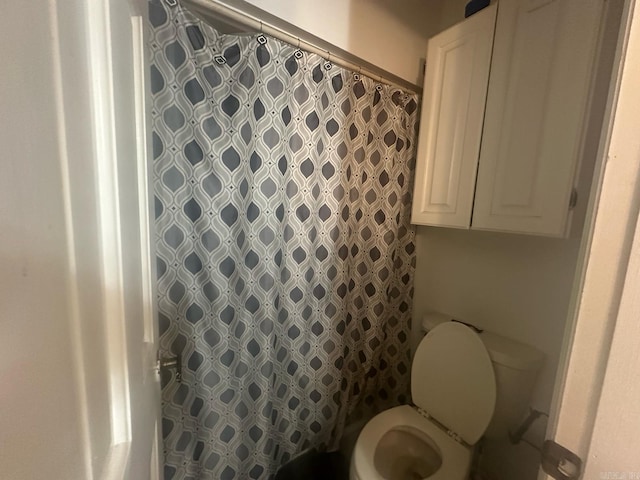 bathroom with toilet and a shower with shower curtain