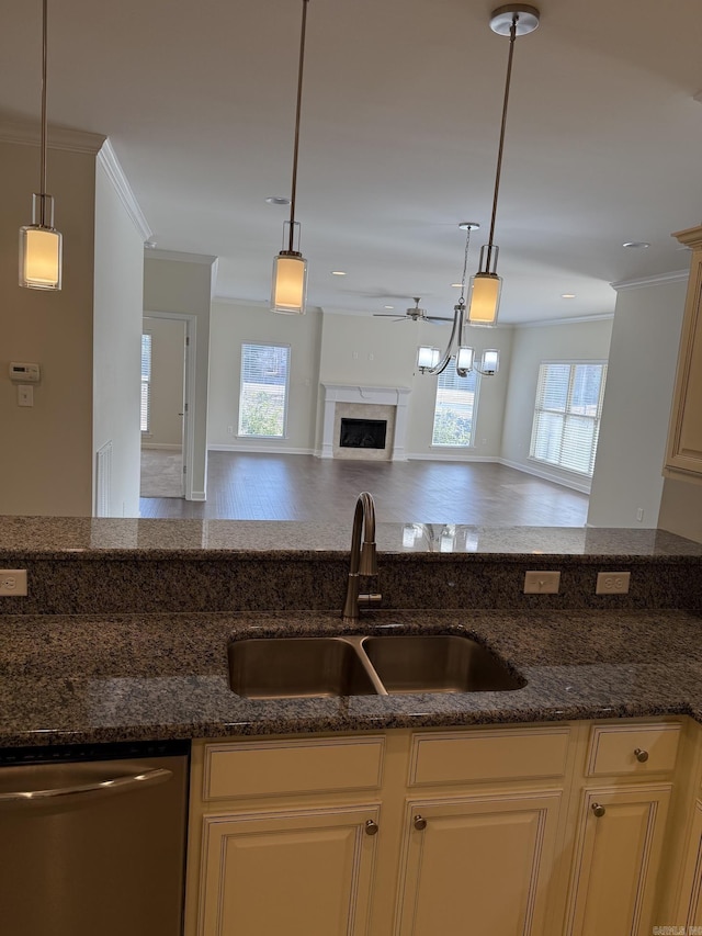 kitchen with crown molding, a sink, plenty of natural light, and dishwasher