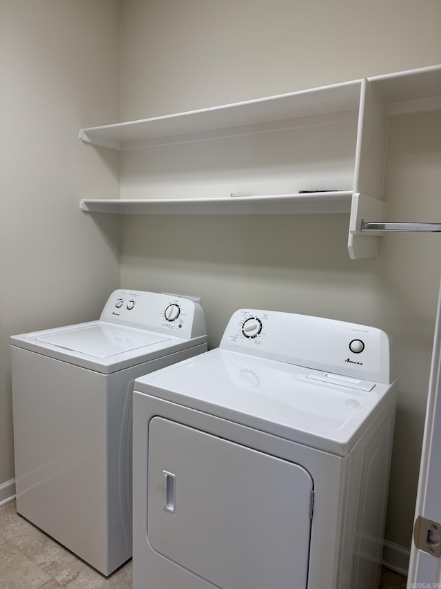 laundry room featuring baseboards, laundry area, and washing machine and dryer
