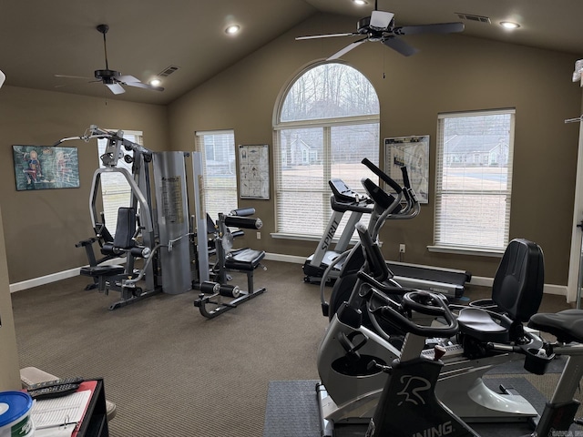 exercise room featuring high vaulted ceiling, a ceiling fan, baseboards, recessed lighting, and visible vents