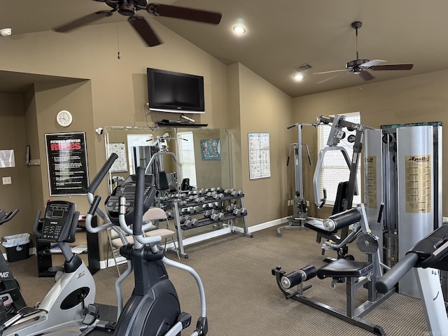 gym with carpet floors, a ceiling fan, baseboards, and visible vents