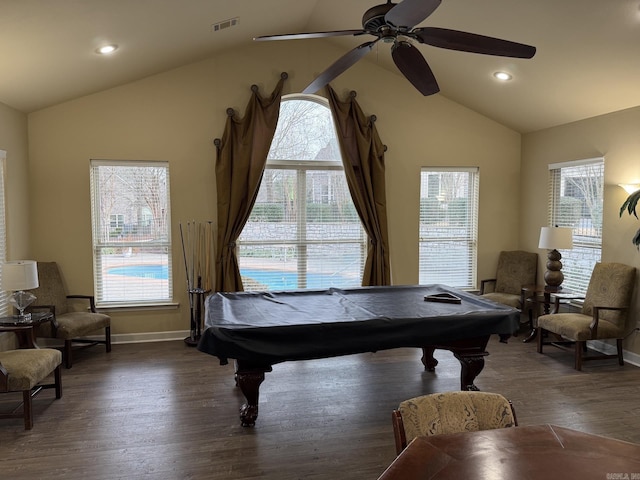 rec room with visible vents, billiards, ceiling fan, and lofted ceiling
