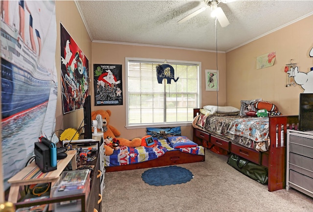 carpeted bedroom with ornamental molding, a textured ceiling, and a ceiling fan